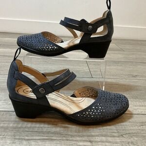 JBU by Jambu Blue Nubuck Floral Cutout Adjustable Mary Jane Comfort Wedges